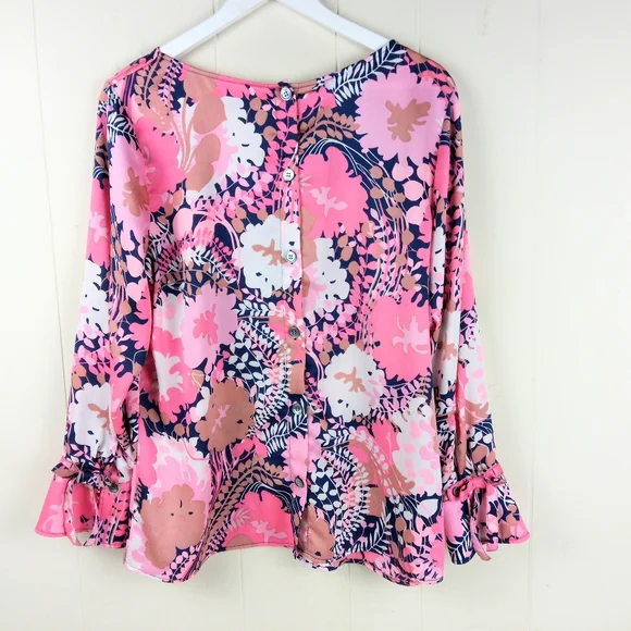 Talbots Floral Top Women Size 1X Multicolor Button Up Back Long Bell Sleeves - Picture 3 of 11